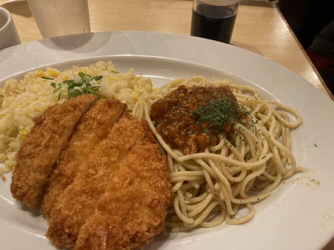 spaghetti, pork cutlet, and fried rice