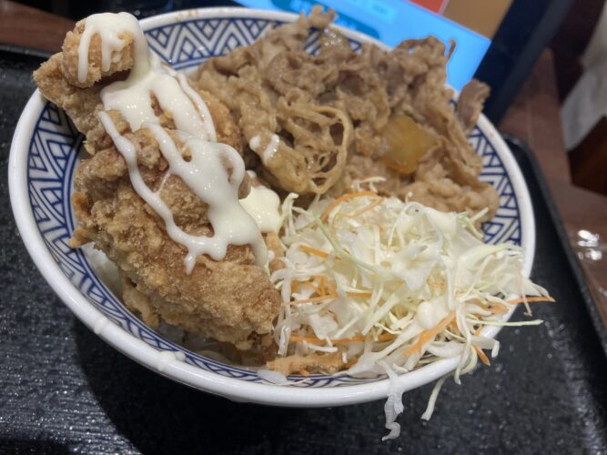 a beef bowl with fried chicken